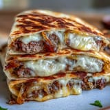 Steam rises from a halved Cheesy Griddled Smashburger Quesadilla, showcasing juicy smashburger patties and a drizzle of mayo-mustard sauce.