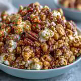 Sweet and salty baseball season popcorn mix with crunchy peanuts and gooey caramel clusters, perfect for game day snacking.
