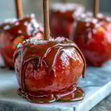 Glossy red candy apples with a smooth white chocolate drizzle, perfect for festive fall gatherings or Halloween treats.