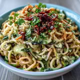 Chilled noodles with crisp cucumber, julienned carrots, and fresh herbs, drizzled in rich sesame dressing.  