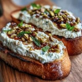 Whipped ricotta toast with honey and pistachios, drizzled generously and perfectly golden.