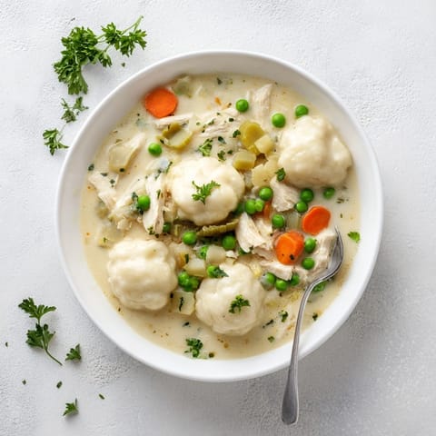 Freshly chopped parsley garnishes fluffy dumplings atop a savory, steaming bowl of classic Chicken and Dumplings.