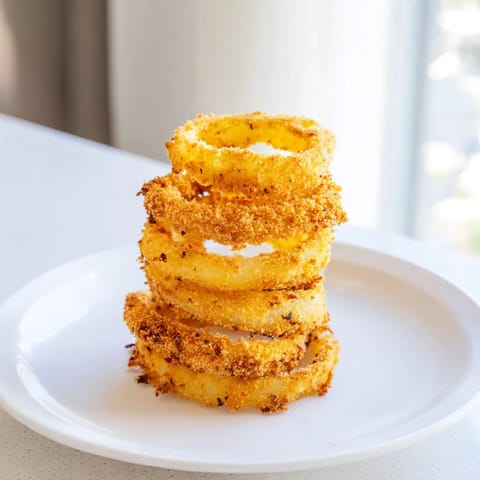 Freshly fried onion rings piled high, ready to be dipped in ranch.