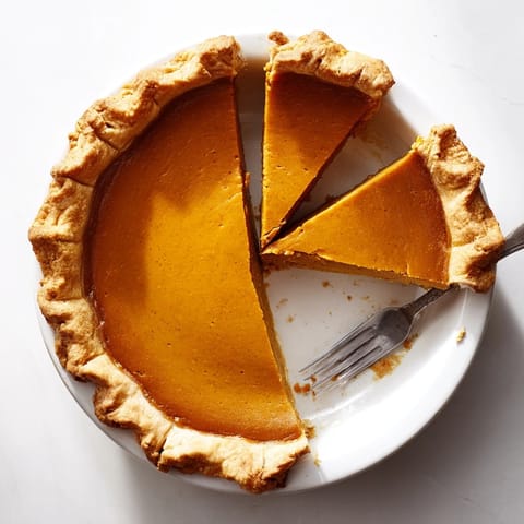 Freshly baked Pumpkin Pie with a golden, flaky crust and a perfectly set, spiced custard center, ideal for Thanksgiving dessert.