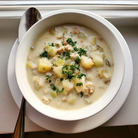 Steam rises from a hearty bowl of Clam Chowder, garnished with parsley and oyster crackers.