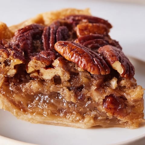 Slice of pecan pie served with a dollop of whipped cream on a rustic wooden table.