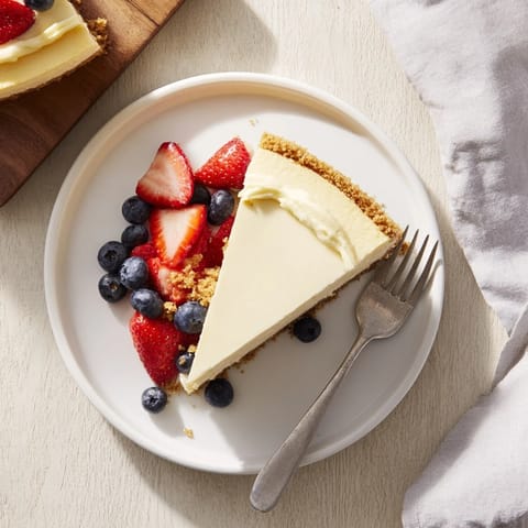 A close-up of a creamy New York Cheesecake showcasing its dense texture and golden-brown graham cracker crust.