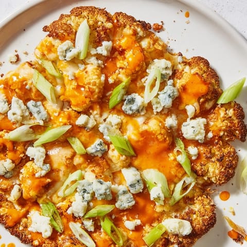 Close-up of a spicy Buffalo Cauliflower Pizza slice with bubbly cheese and a crispy cauliflower crust.  