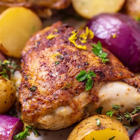 Juicy chicken thighs and roasted radishes on a sheet pan, garnished with fresh parsley and lemon zest.  