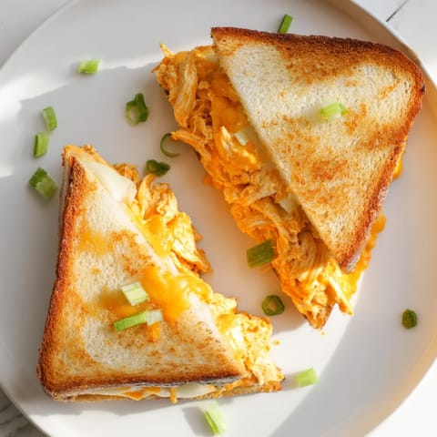 Sizzling Buffalo Chicken Ranch Grilled Cheese on a skillet, with shredded chicken, spicy sauce, and melted cheese oozing from the edges.  