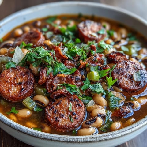 A hearty bowl of Southern-Style Black-Eyed Peas served over fluffy white rice, garnished with fresh parsley and a dash of hot sauce.