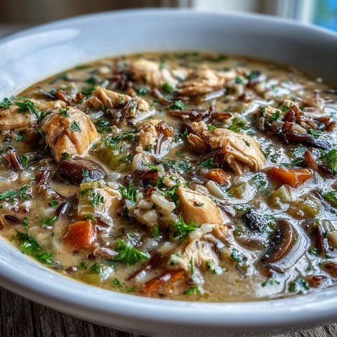 A steaming bowl of creamy Parmesan Mushroom Chicken and Wild Rice Soup, perfect for a chilly evening.