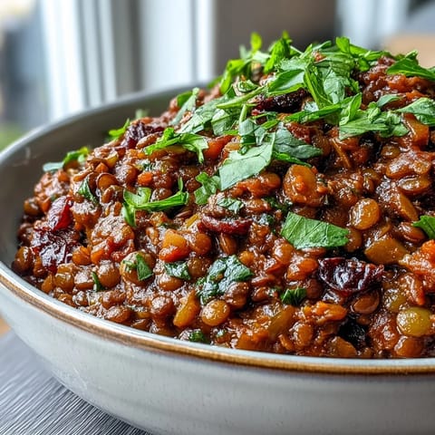 A vibrant bowl of Cuban-Inspired Lentil Picadillo, featuring hearty lentils, briny olives, and sweet raisins, garnished with fresh cilantro.  