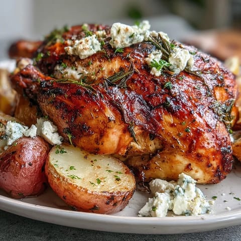 Golden-brown roasted chicken rests atop buttery pot potatoes, finished with crumbled feta, fresh dill, and bright lemon wedges.