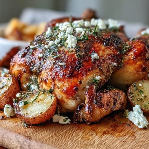A close-up of Mediterranean roasted chicken with lemon herb crust, surrounded by crispy roasted potatoes and creamy feta.