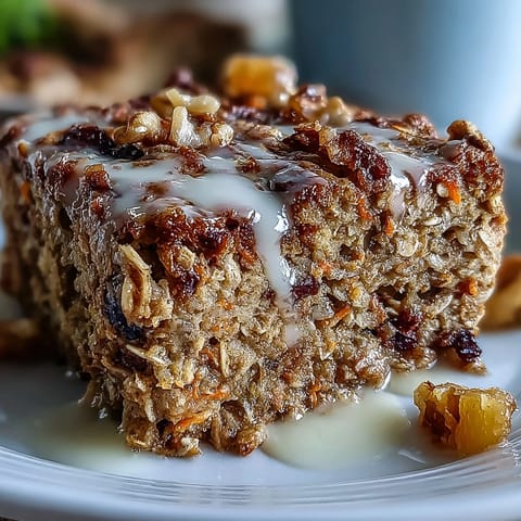 A close-up view of hearty Carrot Cake Baked Oatmeal topped with walnuts and a maple drizzle.  