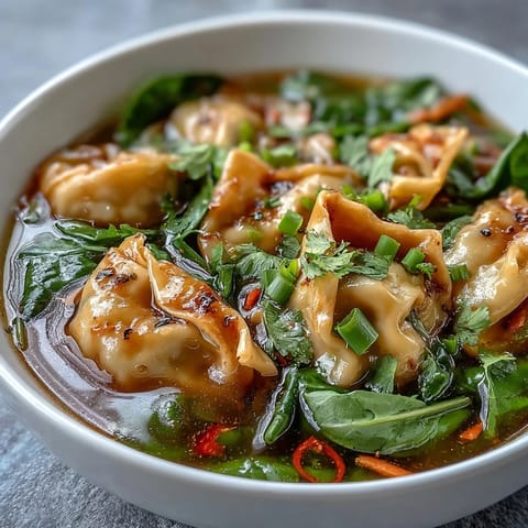 Steaming bowl of Red Curry Wonton Soup with greens, featuring tender wontons and fresh spinach in a fragrant, creamy broth.