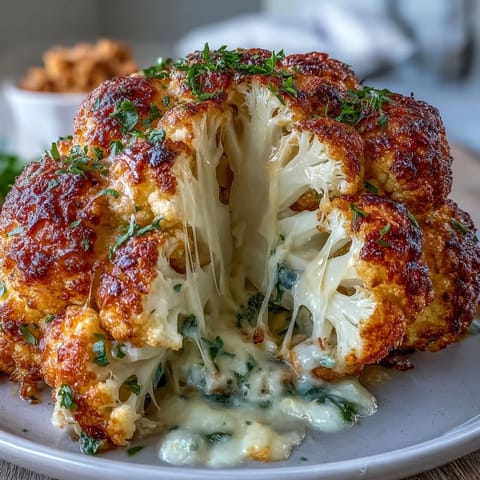 A whole roasted Cheesy Stuffed Cauliflower Head, golden brown and bubbling with creamy cheese filling, served as a vegetarian main dish.