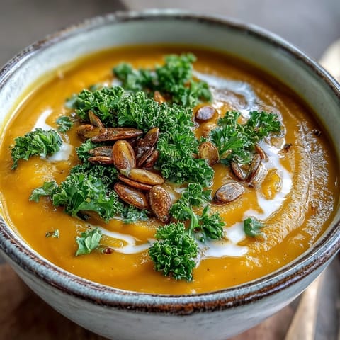 A warm bowl of creamy Roasted Broccoli and Butternut Squash Soup garnished with toasted pumpkin seeds and fresh parsley.  