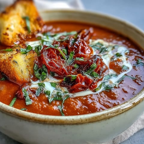Oven-roasted tomatoes, sweet onions, and garlic blend into a silky, aromatic Roasted Tomato Basil Soup in a rustic ceramic bowl.