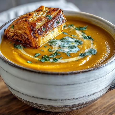 Close-up view of golden, flaky pastries filled with melted brie and cheddar cheese, served beside the velvety Creamy Broccoli and Butternut Squash Soup.