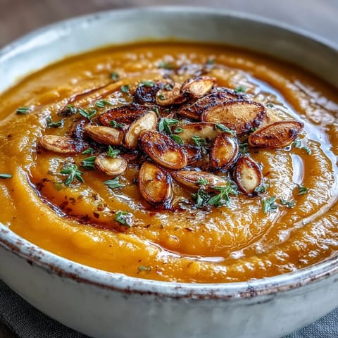 Close-up of rich, golden-orange Easy Roasted Butternut Squash Soup in a rustic ceramic bowl.