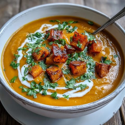 A creamy bowl of vegan butternut squash and lentil soup, perfect for cozy fall dinners.  