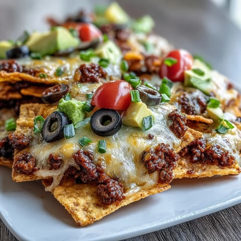 Freshly baked Baked Nachos with melted cheddar and Monterey Jack cheese over warm tortilla chips and savory ground beef.
