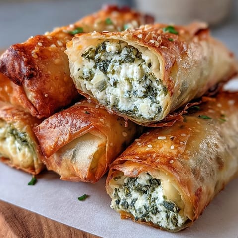 Freshly fried Spanakopita Spring Rolls arranged on a platter, showcasing their crispy exterior and a side of vibrant tzatziki sauce.