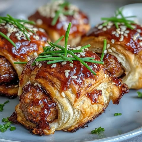 A close-up of flaky puff pastry wrapped around juicy cocktail sausages, drizzled with spicy pepper jelly and topped with chives.