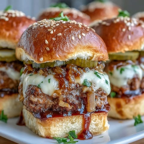 Twelve baked Touchdown Brat Sliders with pickles and beer cheese on a game day platter.