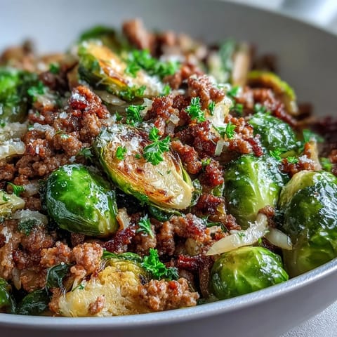 Golden-brown Brussels sprouts and savory ground turkey sizzle together in this easy one-pan skillet dinner.