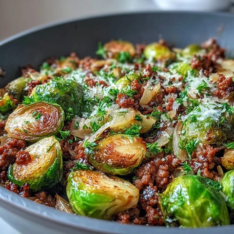 Tender Brussels sprouts and seasoned ground turkey finished with fresh parsley and a lemon wedge on a rustic wooden board.