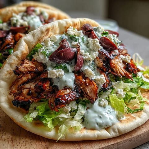 Golden-brown Mediterranean Chicken Gyros with creamy feta tzatziki, fresh lettuce, tomatoes, and olives stuffed in a warm pita.