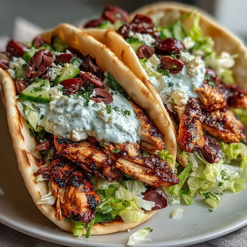Juicy marinated chicken thighs sizzling in a skillet, ready to be piled into homemade gyros with tangy sauce.
