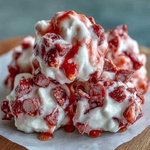 These frozen Strawberry & Banana Yoghurt Clusters feature creamy Greek yogurt swirled with strawberry, studded with crisp fruit chips, and served frosty on a baking sheet.