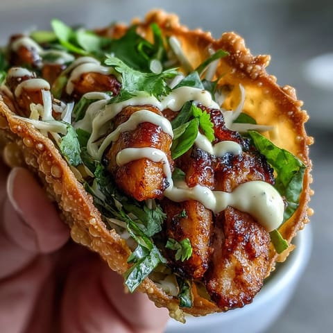 Crispy Chicken Wonton Tacos filled with spicy chicken, tangy slaw, and creamy sriracha mayo on a dinner plate.