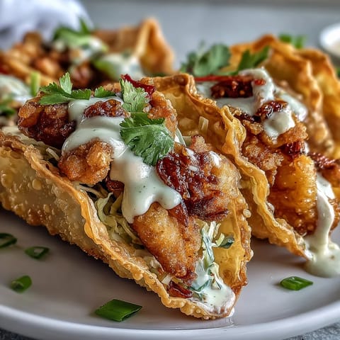 Golden crispy wonton shells stuffed with ginger-marinated chicken, shredded cabbage, and cilantro garnish for a savory bite.