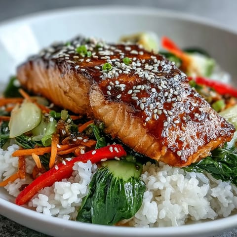Golden-brown soy ginger salmon fillet glazed and glistening over fluffy white rice with stir-fried edamame, carrots, and snap peas.