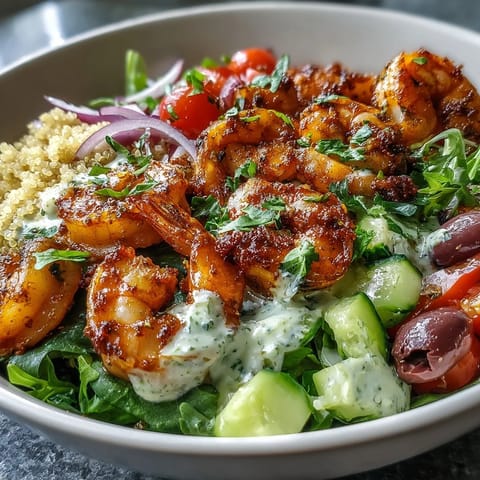A close-up view of a Mediterranean Shrimp Bowl features glistening, paprika-seasoned shrimp over quinoa and arugula, drizzled with creamy tahini sauce.