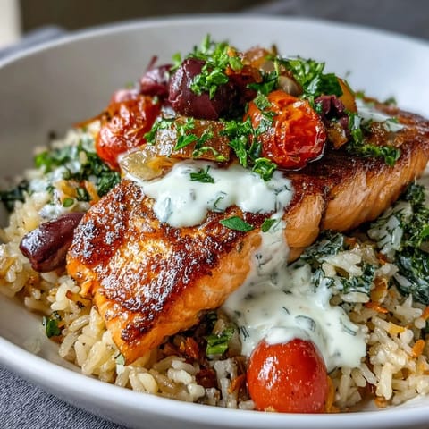 Golden crispy rice topped with pan-seared salmon, roasted Mediterranean vegetables, and a lemon-yogurt drizzle.