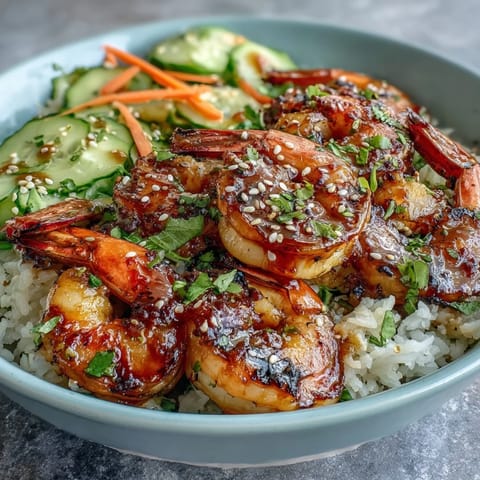 Vibrant Asian Shrimp Bowl with juicy grilled shrimp, crisp carrots, and edamame, drizzled with tangy ginger-sesame dressing over fluffy rice.