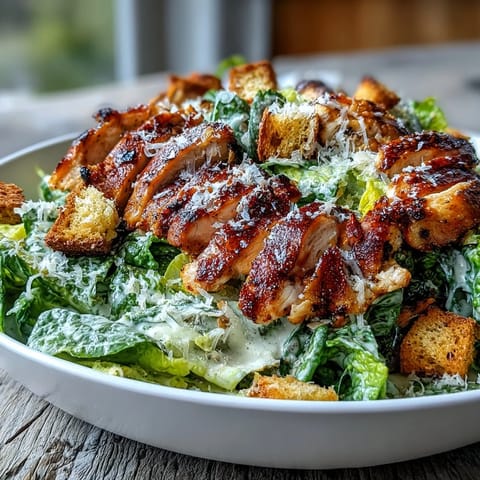 Juicy grilled chicken slices rest on crisp romaine in a Caesar Chicken Bowl, topped with crunchy croutons and creamy dressing.