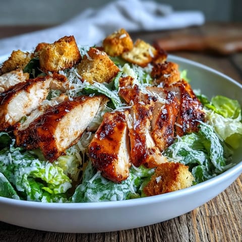 A hearty Caesar Chicken Bowl features golden croutons, grated parmesan, and creamy Caesar drizzled over chilled, chopped romaine.