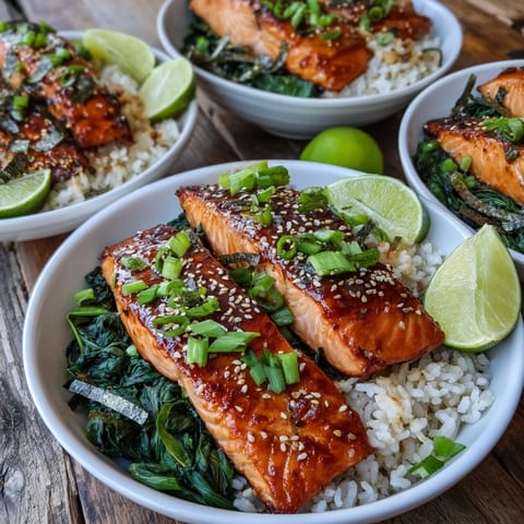 Golden-brown Miso Glazed Salmon Bowl with fluffy jasmine rice and sautéed spinach topped with sesame seeds and sliced green onions.