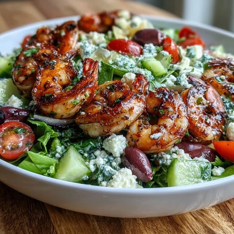 Freshly grilled Greek Shrimp Bowl with feta, cucumbers, tomatoes, and zesty lemon dressing.