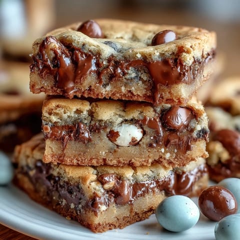 Chewy Cadbury egg cookie bars with pastel M&Ms, perfect for Easter dessert tables.  