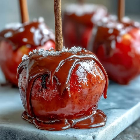 Glossy red candy apples with a smooth white chocolate drizzle, perfect for festive fall gatherings or Halloween treats.
