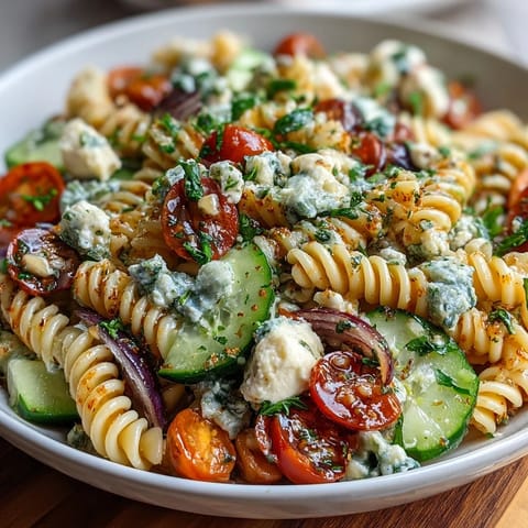 Colorful pasta salad with cherry tomatoes, cucumbers, and Italian dressing, perfect for summer picnics and gatherings.  