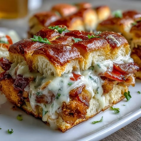 Derby Party Hot Brown Sliders on Brioche Buns with turkey, bacon, and creamy Mornay sauce, baked until golden and bubbly.  